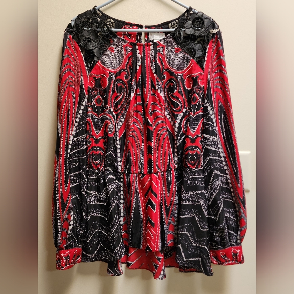 Bisou Bisou Michele Bohbot Long Sleeve Peplum Blouse With Faux Leather Accents L